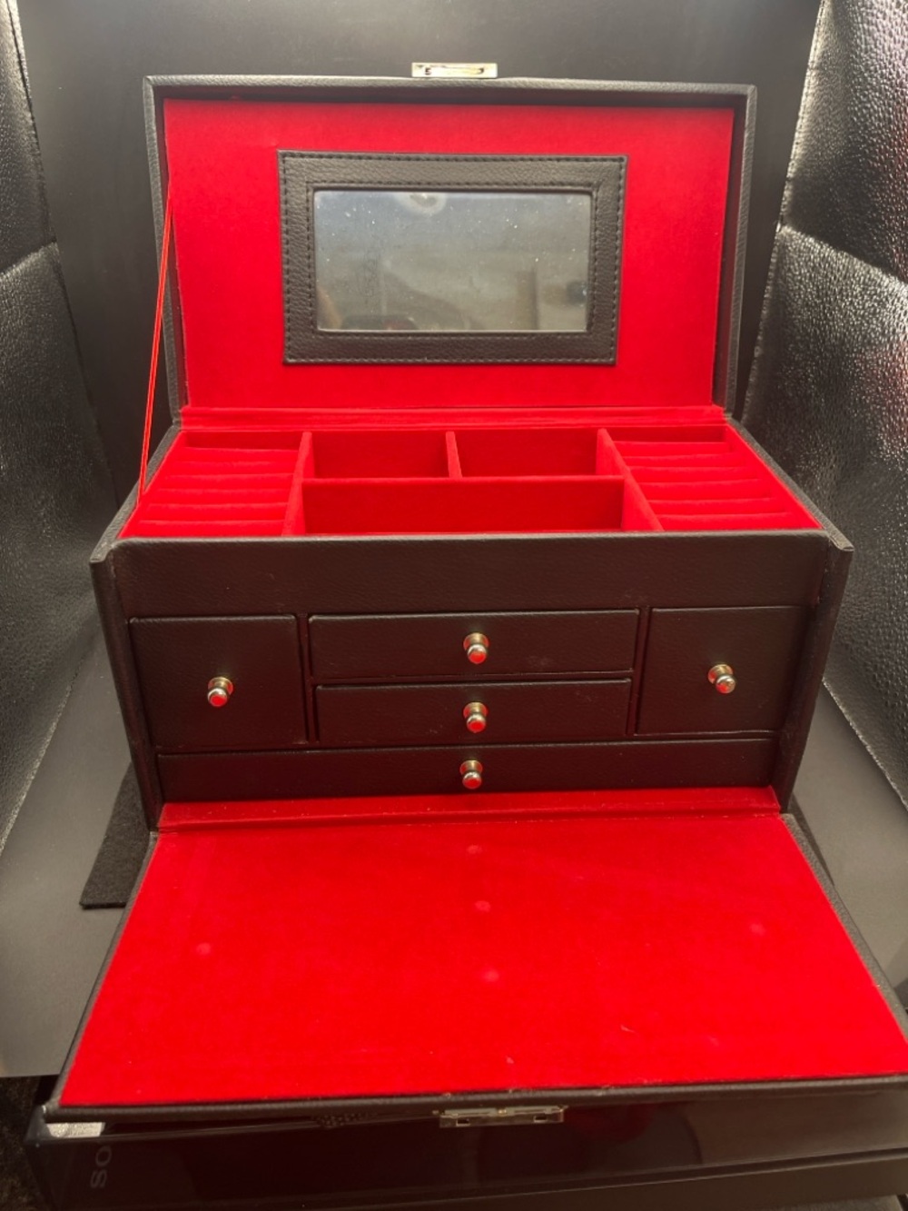 Harley-Davidson Black Jewelry Box Red Velvet Lined Mirror Organizer Chest
